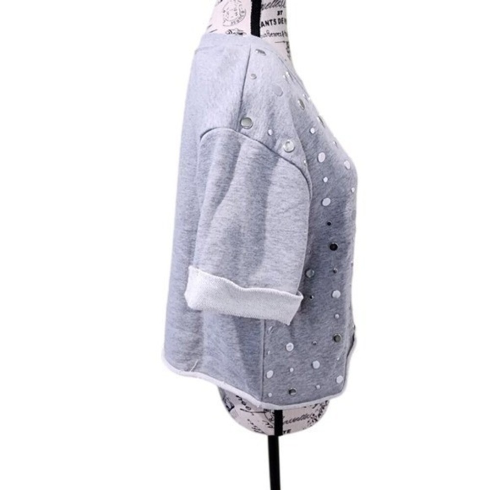 Michael Kors Gray Silver Mirror Dot Embellished Short Sleeve Sweatshirt Size M - Picture 3 of 8